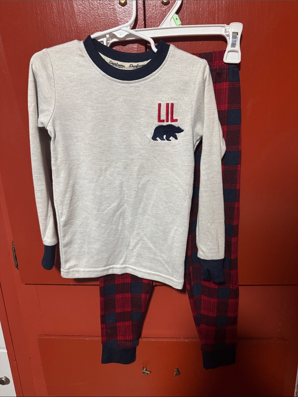 dearfoams Cream Top with Red & Navy Plaid Kids Pajama Set
